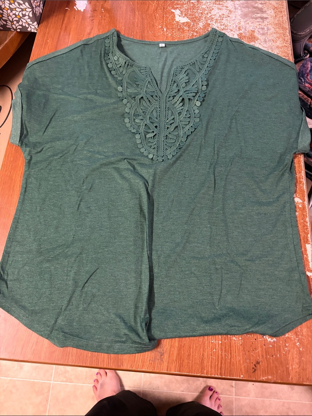 Women's Green Lace-Trim Short Sleeve Top